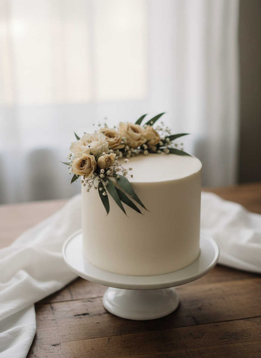 Small minimalist wedding cake with dried flowers