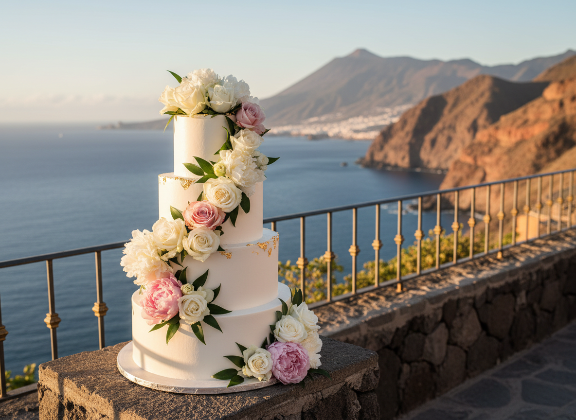 A stunning elegant wedding cake with fresh white and blush pink flowers on a terrace, with a breathtaking view of the blue Mediterranean sea and Tenerife coastline in the background, golden hour soft sunlight
